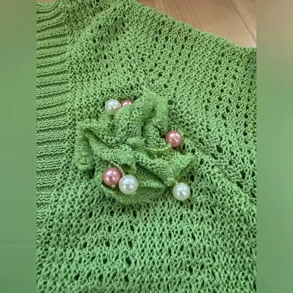 Vintage Green Knit Crochet Cropped Sweater Deep V-neck - Picture 8 of 10